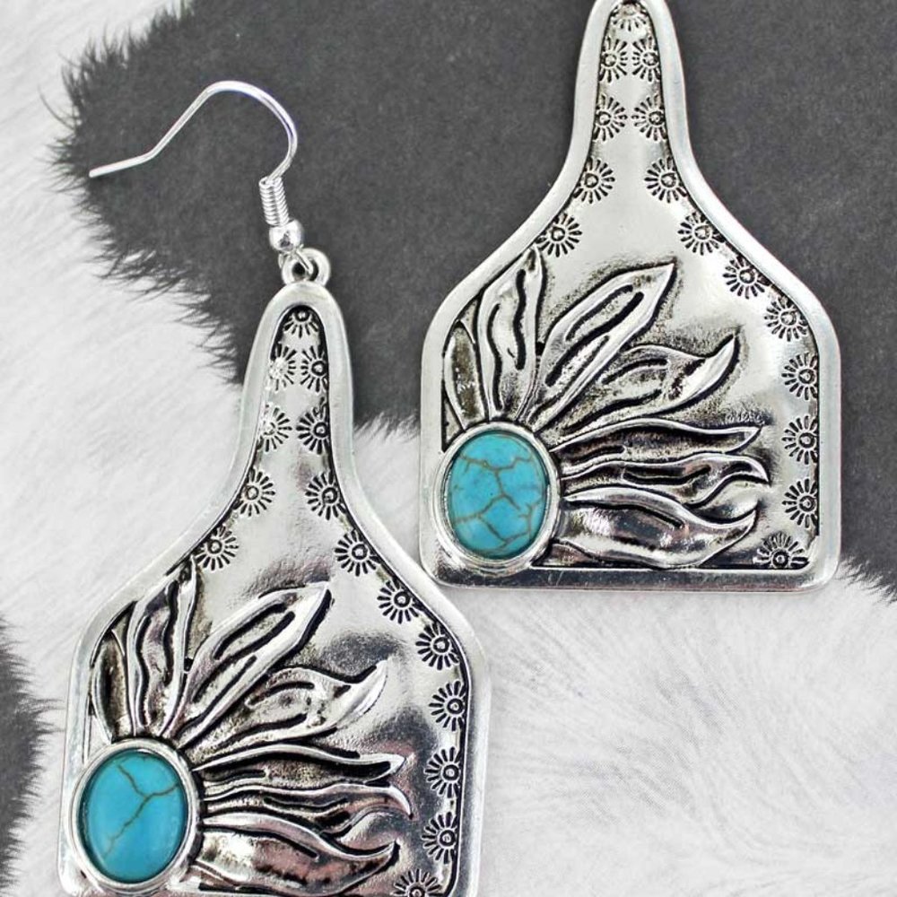 SUNFLOWER SILVERTONE COW TAG EARRINGS - Picture 2 of 2